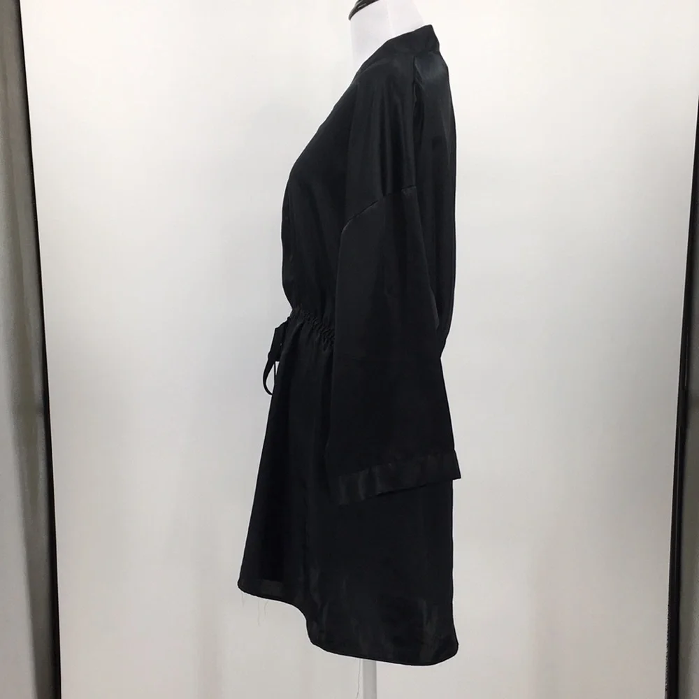 Victoria's Secret Black Silky Robe Womens Small Tie Waist Vintage Gold Label 80s